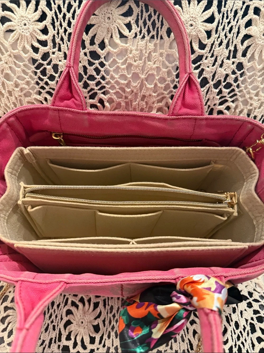 Prada Pink Canapa Canvas Tote with Floral Scarf Accent